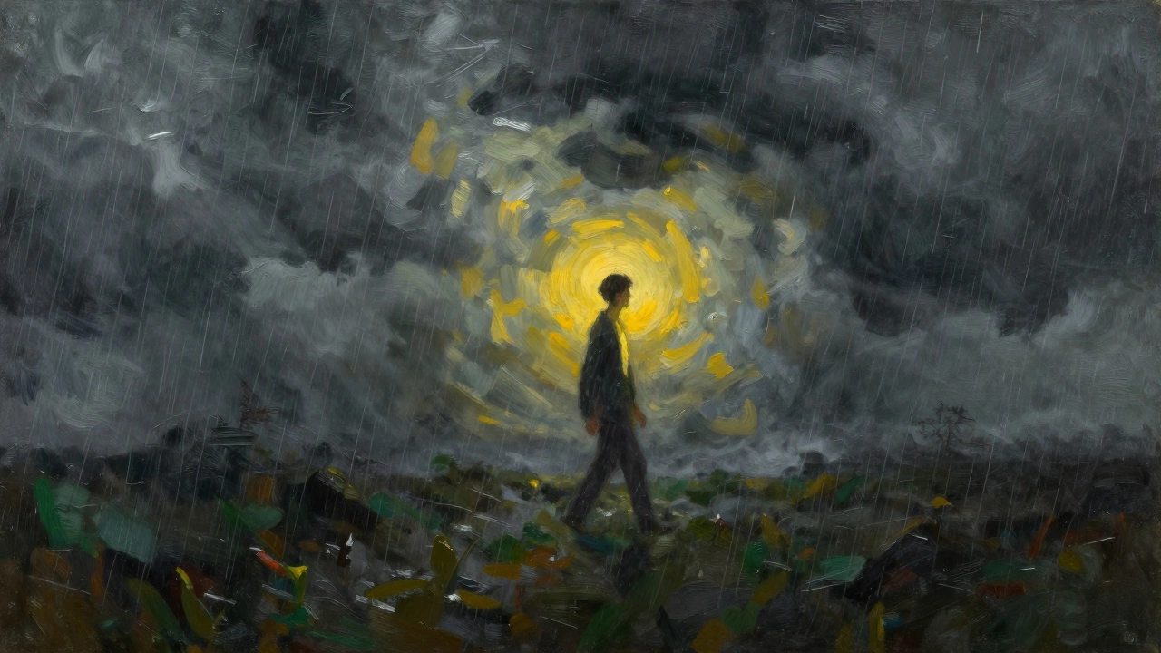 Calm figure walking through a stormy landscape with a soft inner glow.