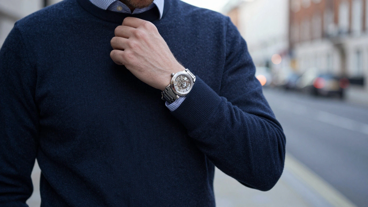 Close-up of a man's wrist wearing a mechanical watch and a high-quality wool sweater