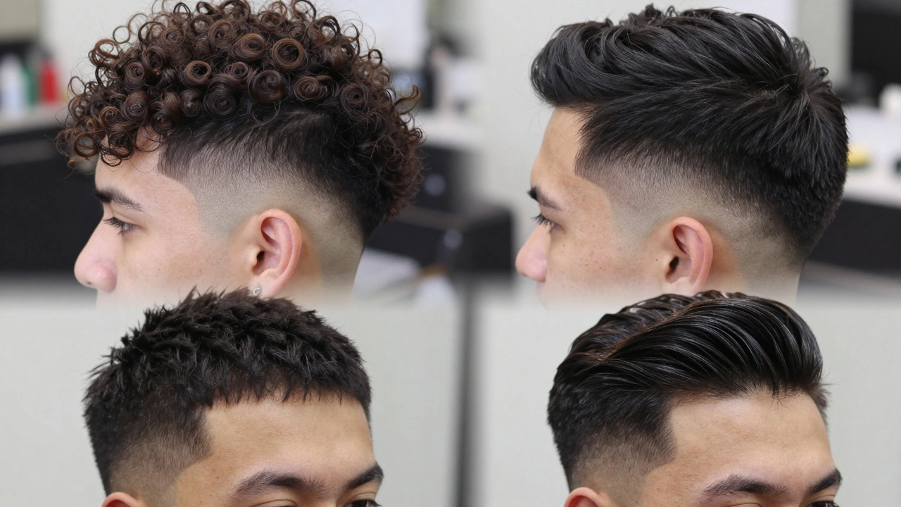 Close-up of different men's hairstyles including a taper fade, textured crop, and side part.