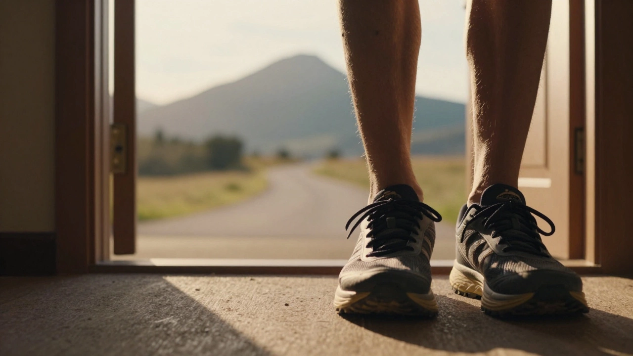 Close-up of running shoes by a door with a distant path, symbolizing small daily habits.