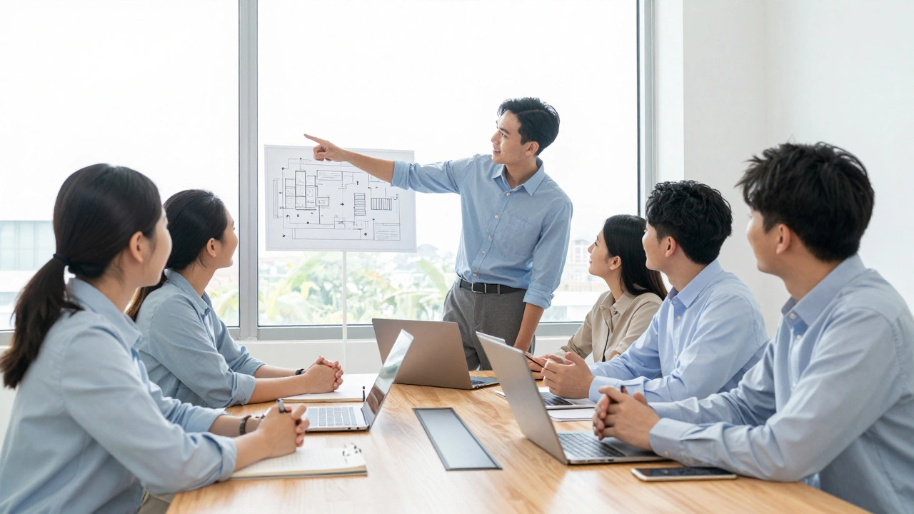 Colleagues collaborating and sharing ideas in a bright, modern office environment.