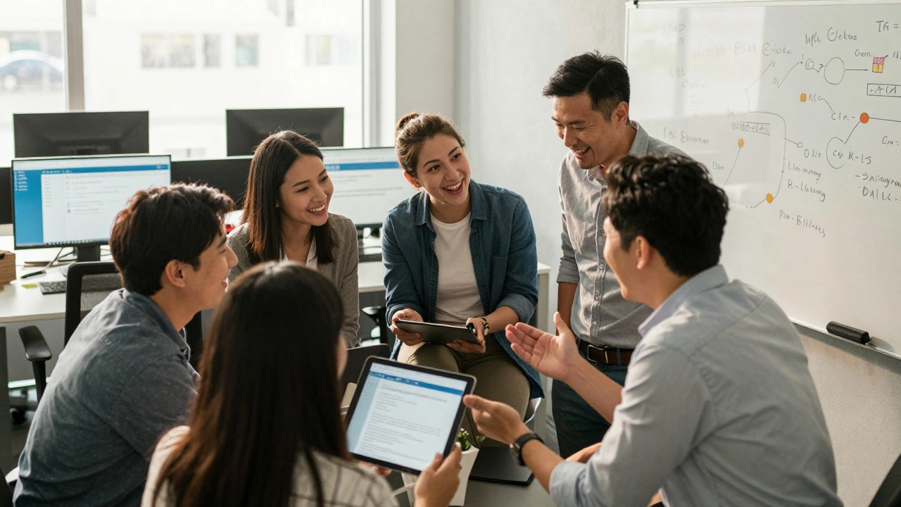 Colleagues collaborating in person to resolve a complex issue instead of using email.