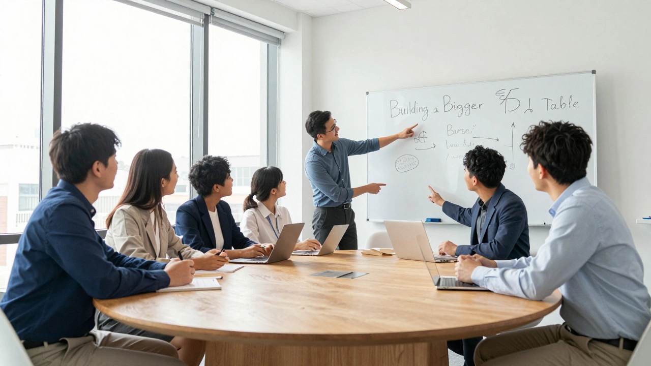Diverse professionals collaborating around a large circular table in a bright modern office.
