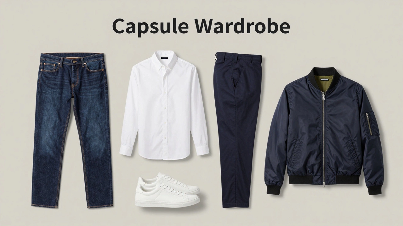 Flat lay of a men's capsule wardrobe with navy, white, and grey essential clothing