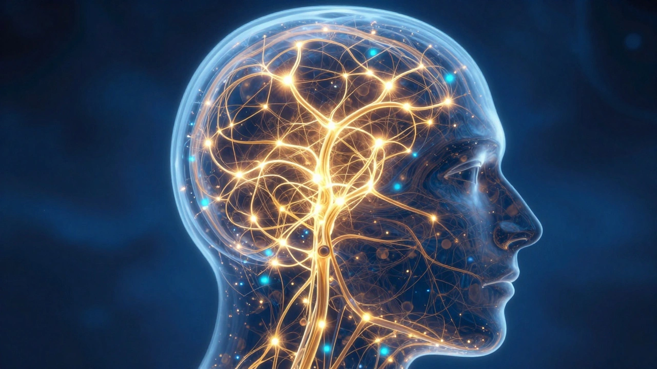 Glowing neural pathways forming inside a stylized human head silhouette.