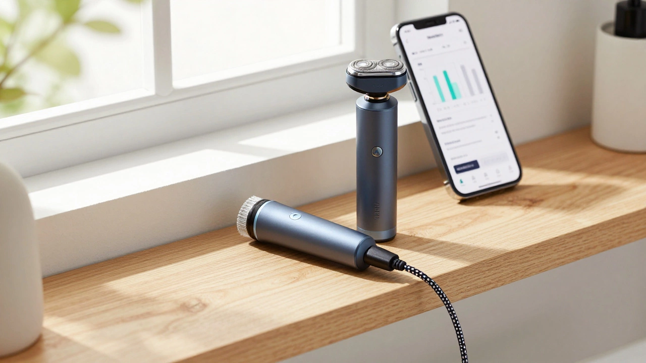 Grooming gadgets and a smartphone with a tracking app connected by a USB-C cable