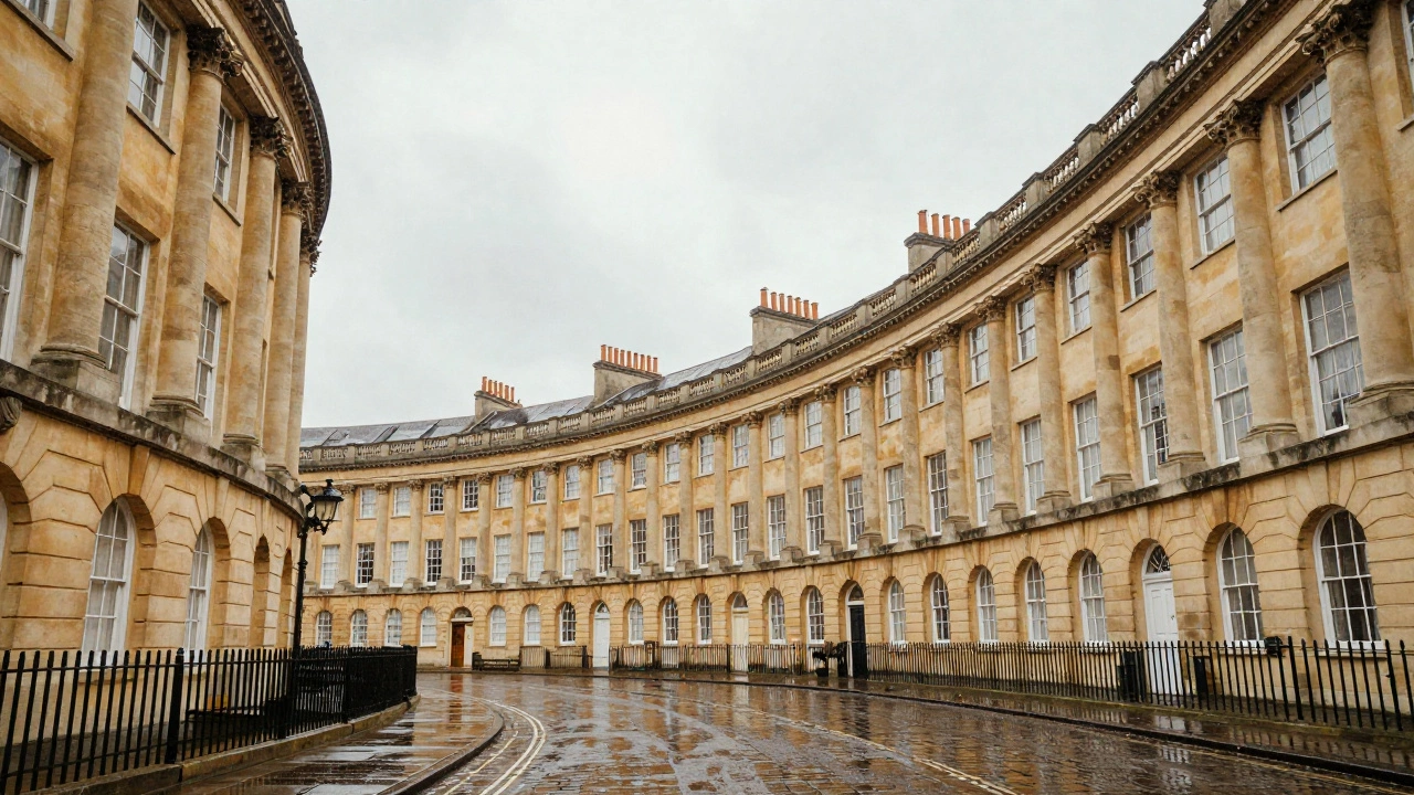 Honey-colored Georgian architecture of Bath reflecting on a wet street during light rain