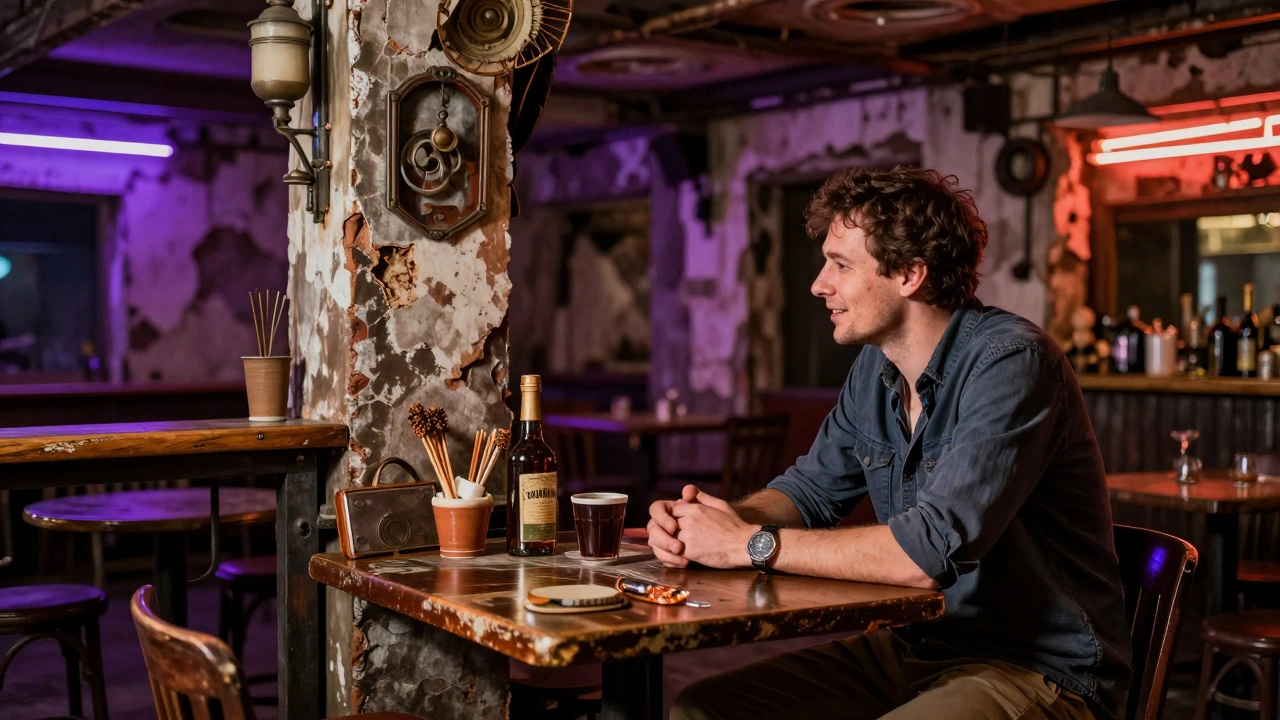 Solo traveler chatting with a local in a Budapest ruin bar