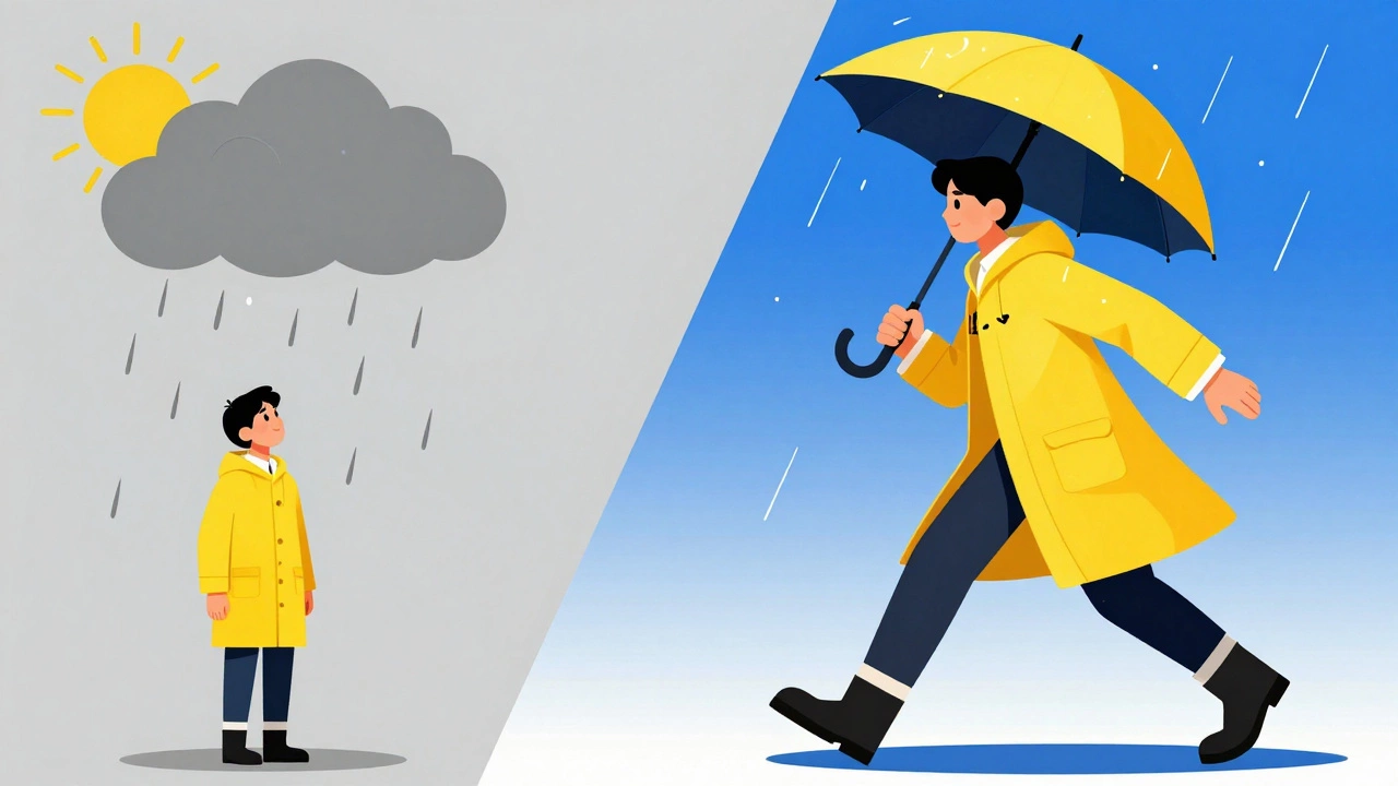 Split screen showing a person waiting for rain to stop versus a person actively walking through it with an umbrella.