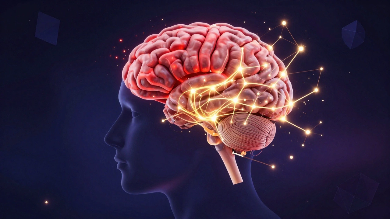 Stylized human brain showing a shift from a red stress center to a glowing golden prefrontal cortex.