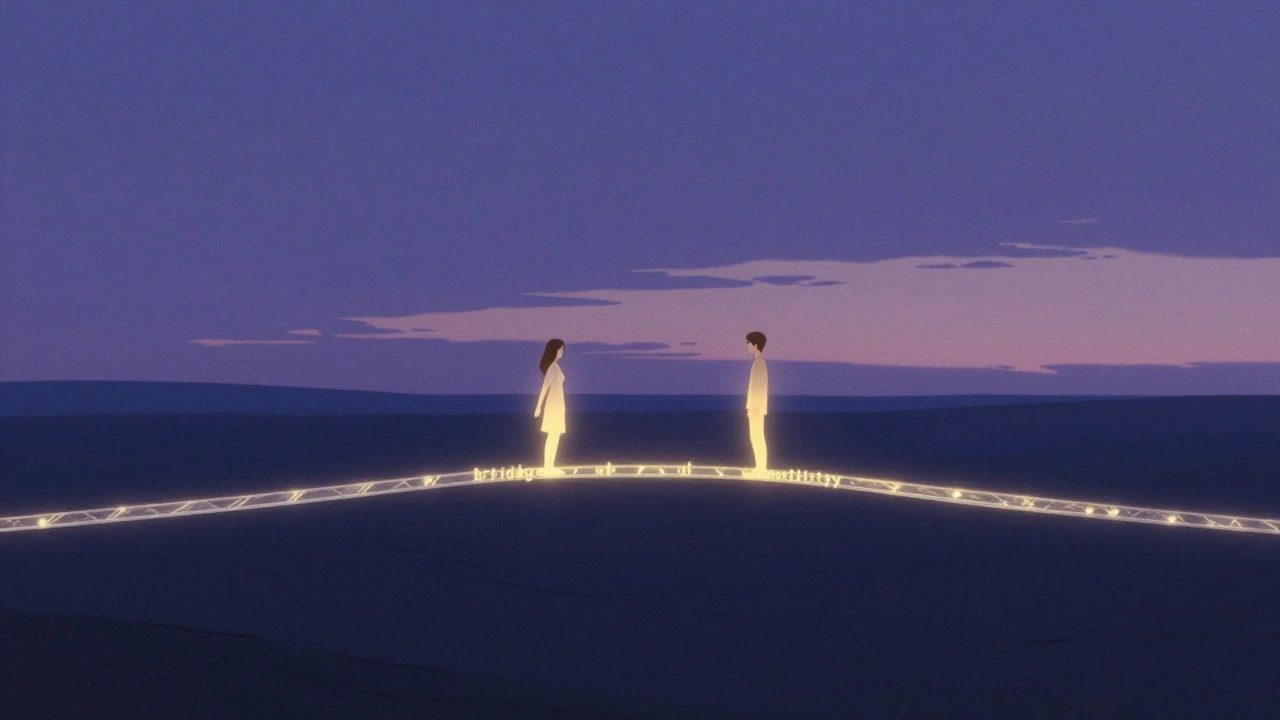 Two people connected by a glowing bridge of light under a twilight sky