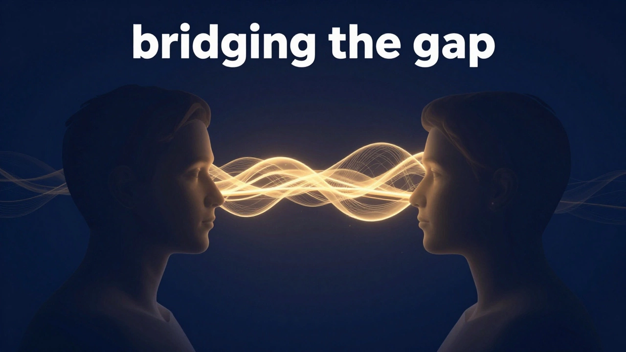 Two silhouettes connected by a glowing golden bridge of light symbolizing empathy and understanding.