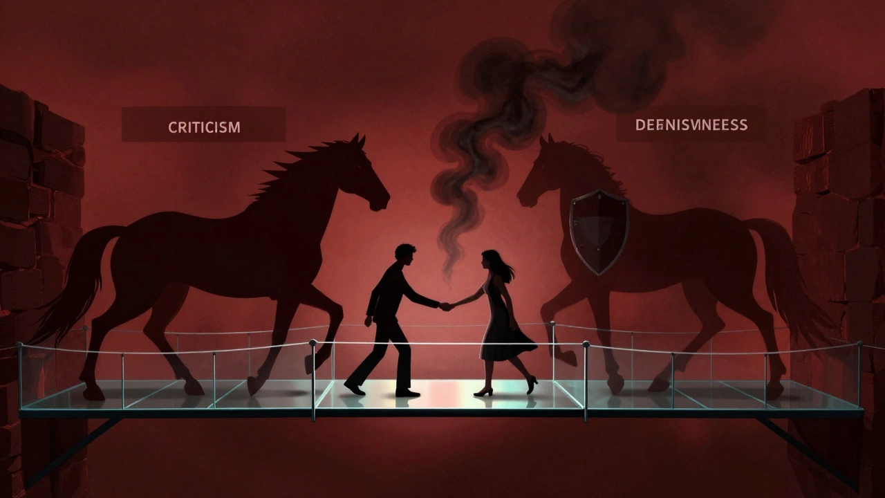 Abstract art showing destructive communication patterns threatening a couple