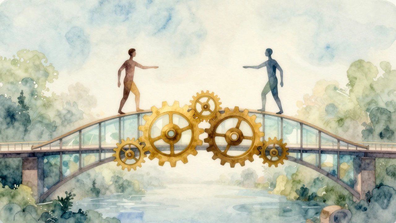 Abstract figures connected by a bridge of trust and communication