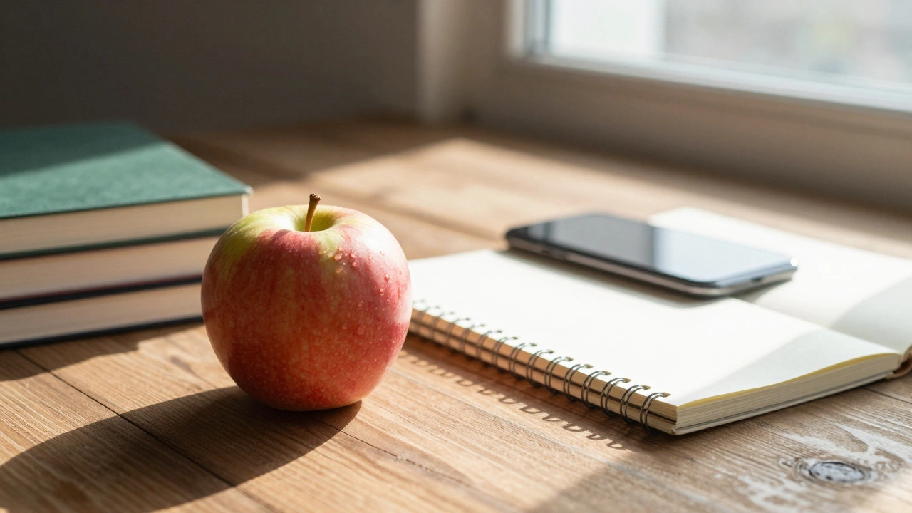 Apple and books on a table with an ignored phone, symbolizing discipline