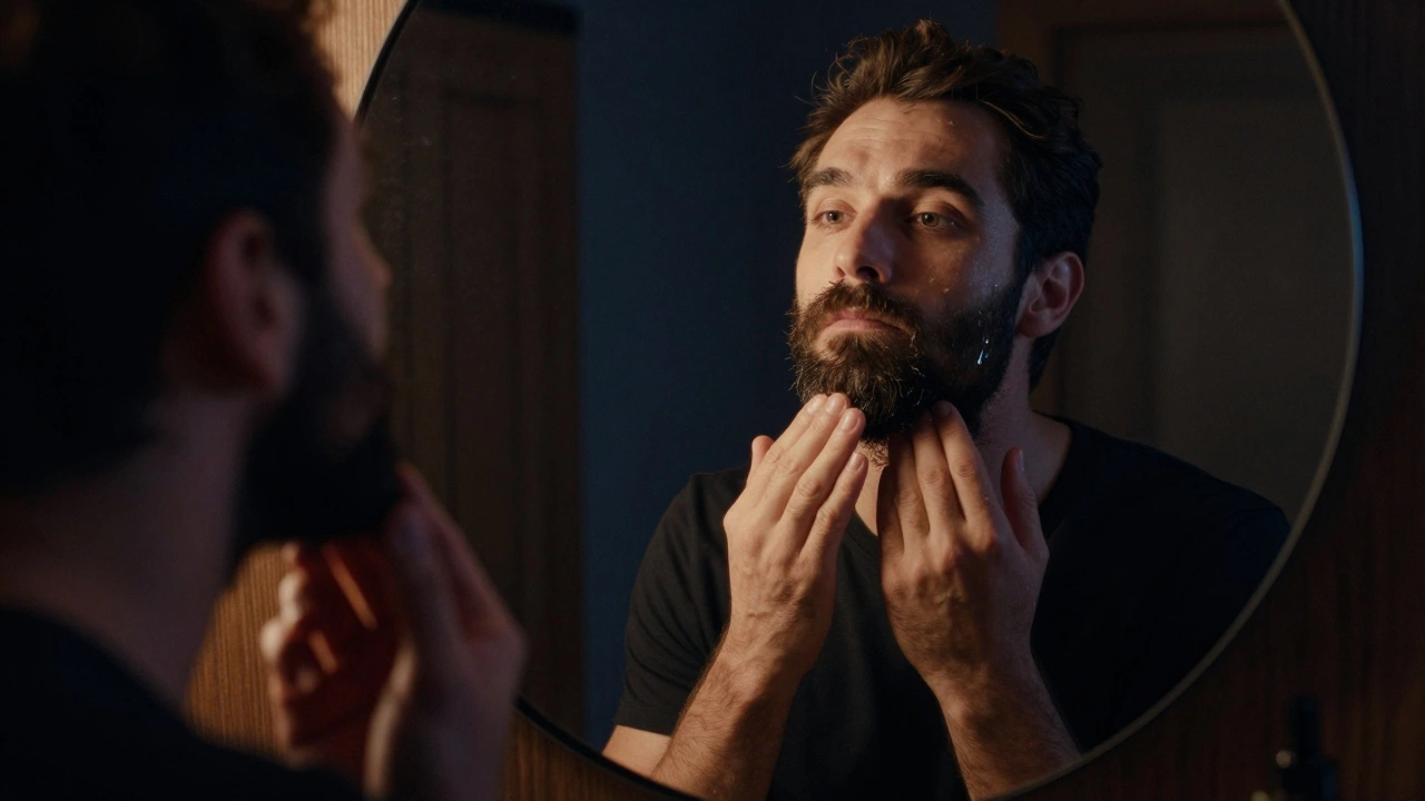 Bearded man massaging beard oil into skin in mirror