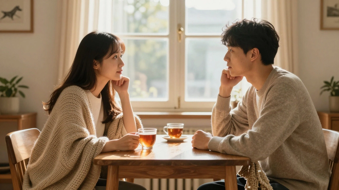 Calm couple engaging in active listening with warm, natural lighting