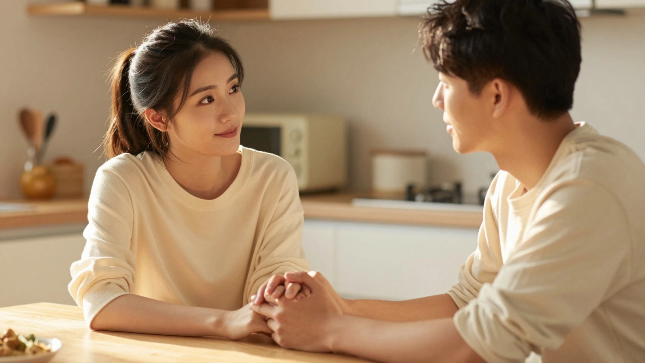 Calm couple holding hands and talking peacefully in warm sunlight