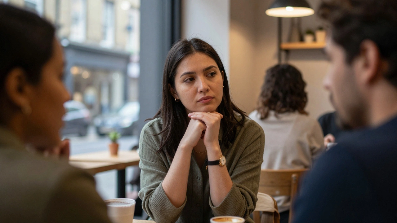 Close-up of people having a calm, empathetic conversation in a cafe.