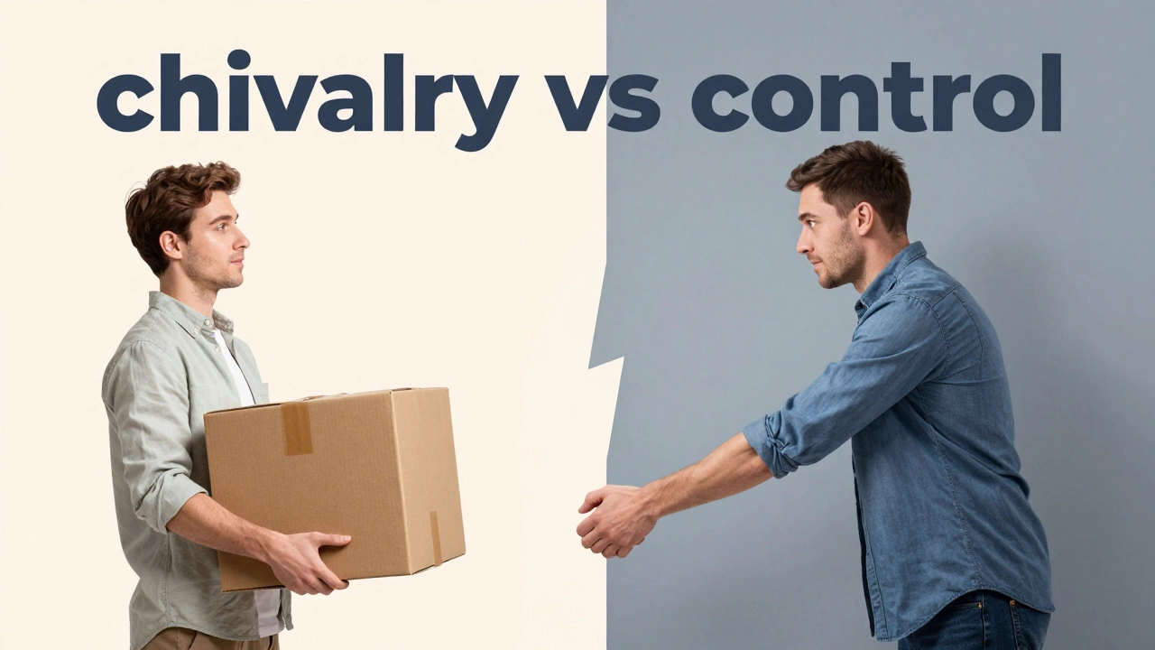 Conceptual art contrasting respectful chivalry with controlling behavior