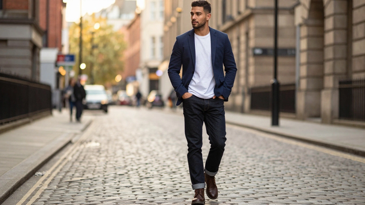 Confident man in stylish casual attire walking on a city street