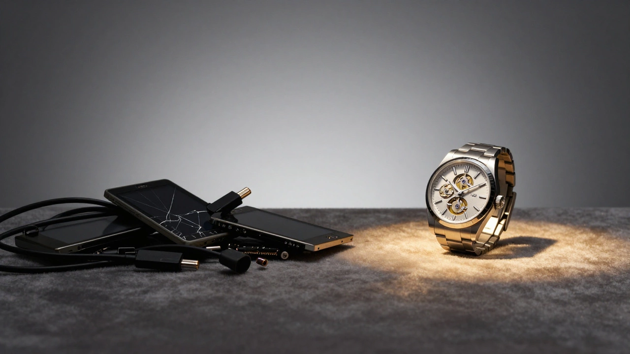 Contrast between obsolete electronics and a pristine luxury watch under spotlight.