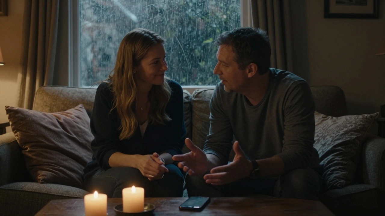 Couple having intimate conversation on sofa, phone away, showing active listening
