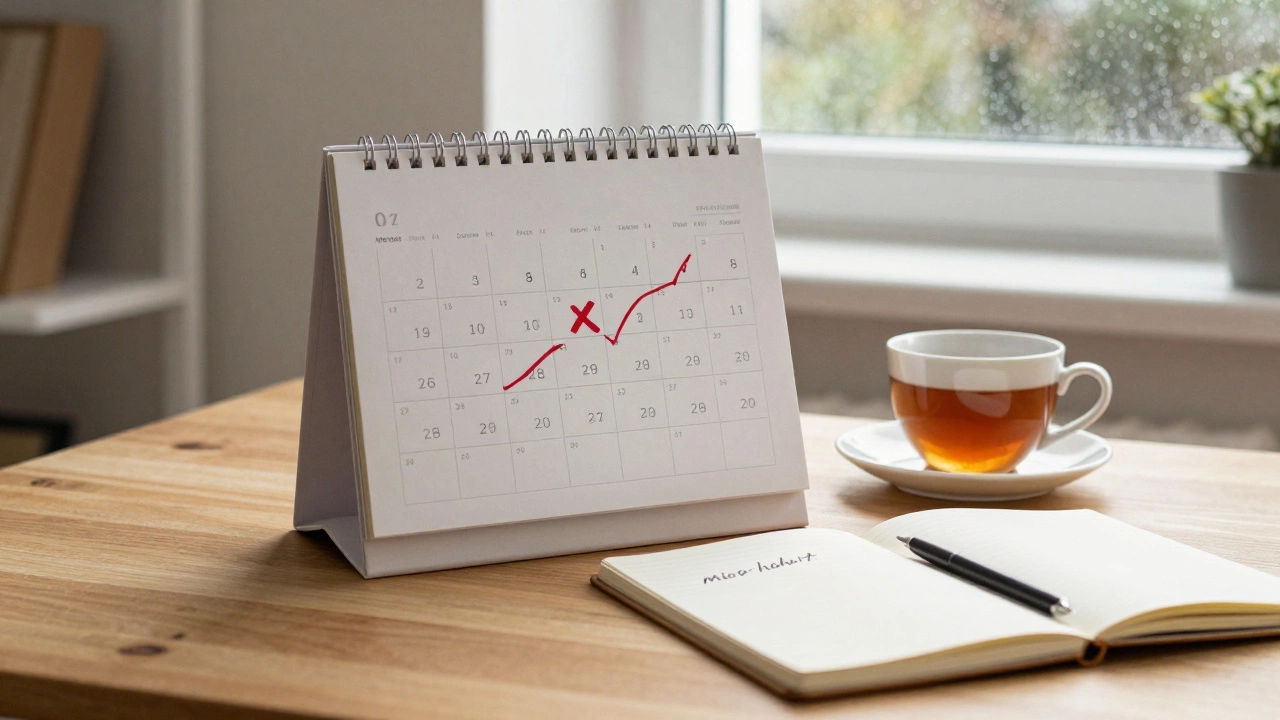 Cozy desk with a calendar showing a chain of daily marks