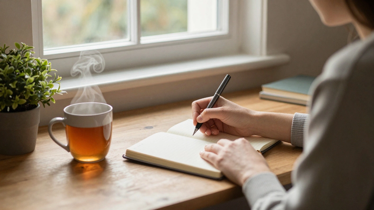 Cozy workspace with journal, pen, and tea representing daily habits