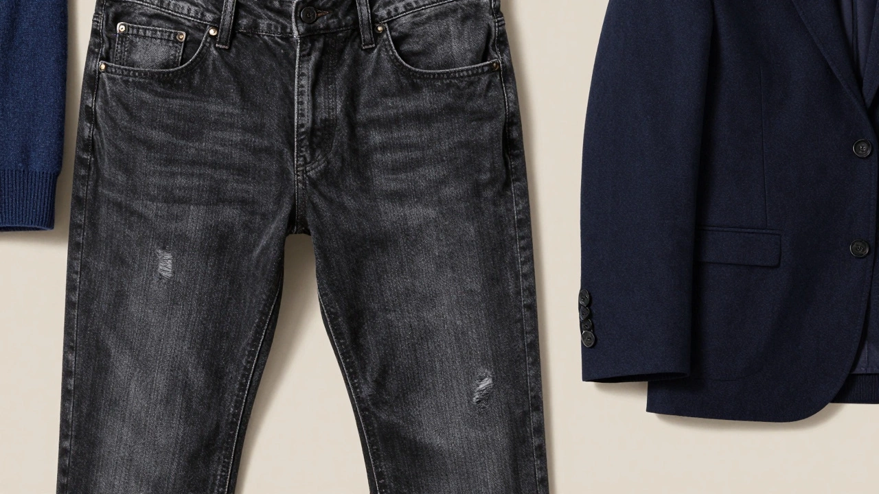 Dark grey jeans paired with a wool sweater and blazer for smart-casual style.