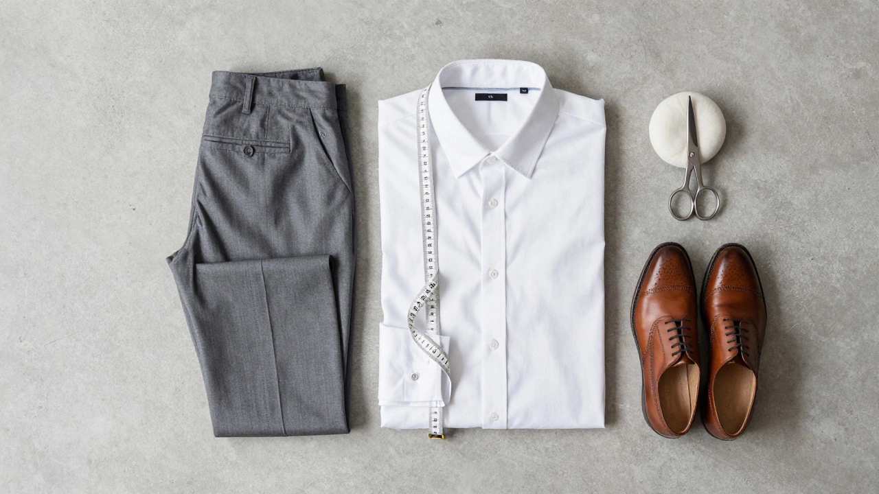 Flat lay of tailored shirt, trousers, and shoes with measuring tape