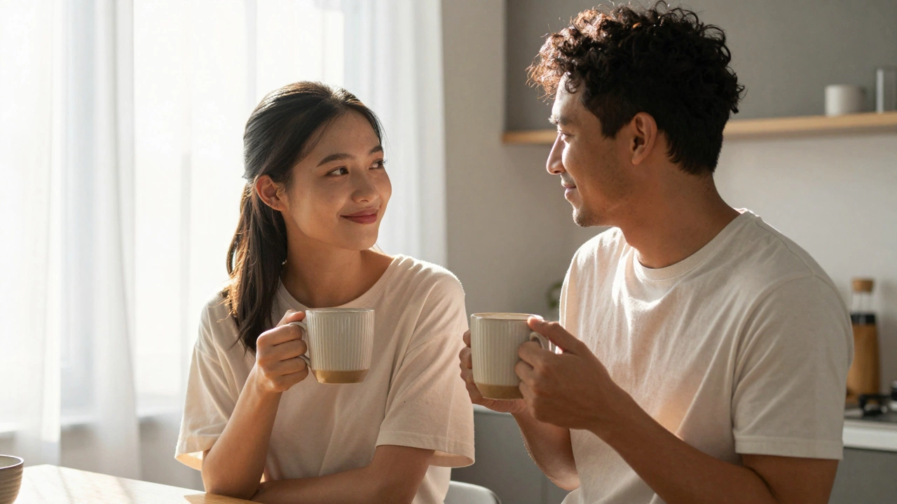 Happy couple sharing coffee in sunny kitchen, showing respect