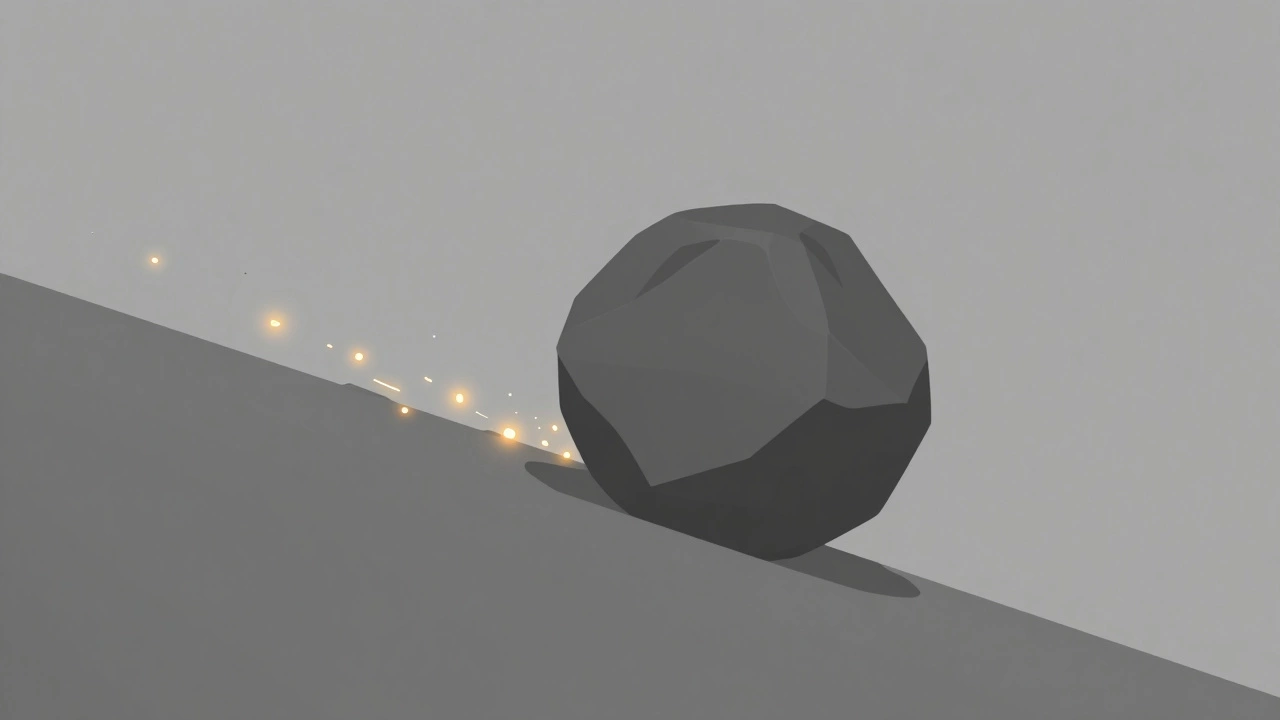 Illustration of a rolling boulder creating a chain of sparks