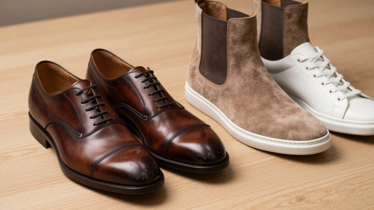 Leather derbies, suede boots, and white sneakers on wood