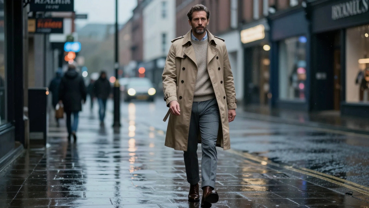 Man in fitted trench coat walking in rainy UK city street