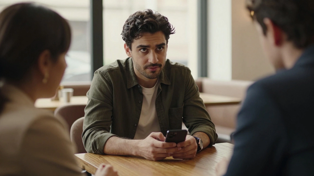 Man listening attentively to friend in a quiet cafe