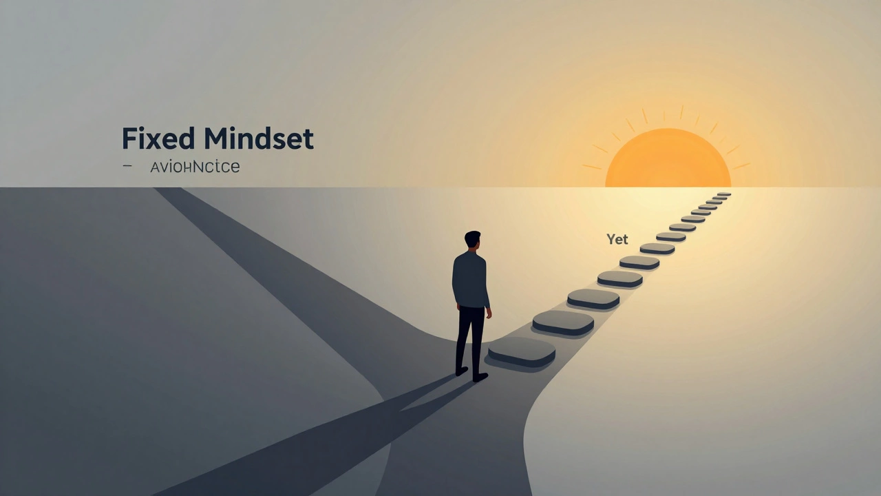 Person choosing a bright path labeled 'Yet' over a dark path, illustrating growth mindset.