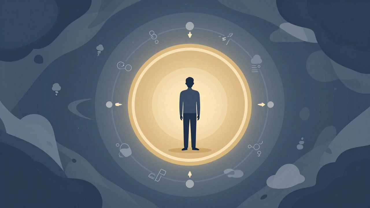 Person standing calmly in a golden circle of control amidst external chaos