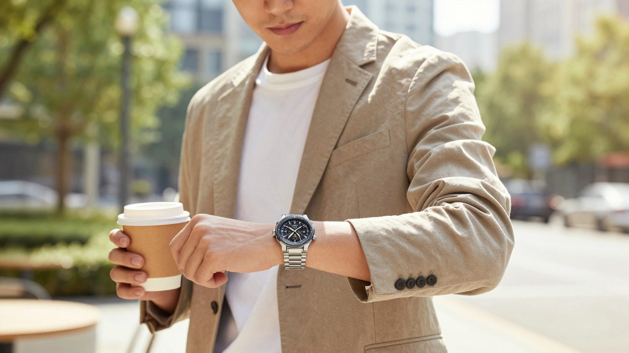 Person wearing both a smartwatch and a luxury watch in a casual urban setting.