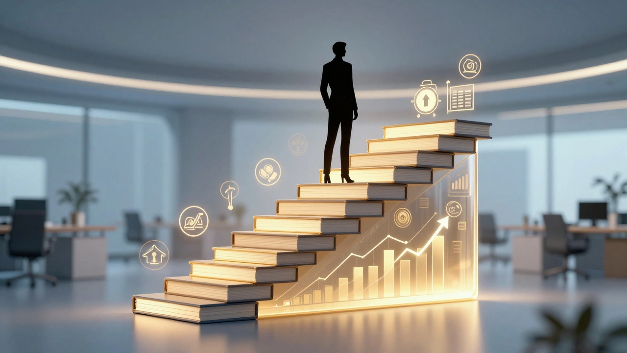Professional climbing a glowing staircase of skills, representing career growth