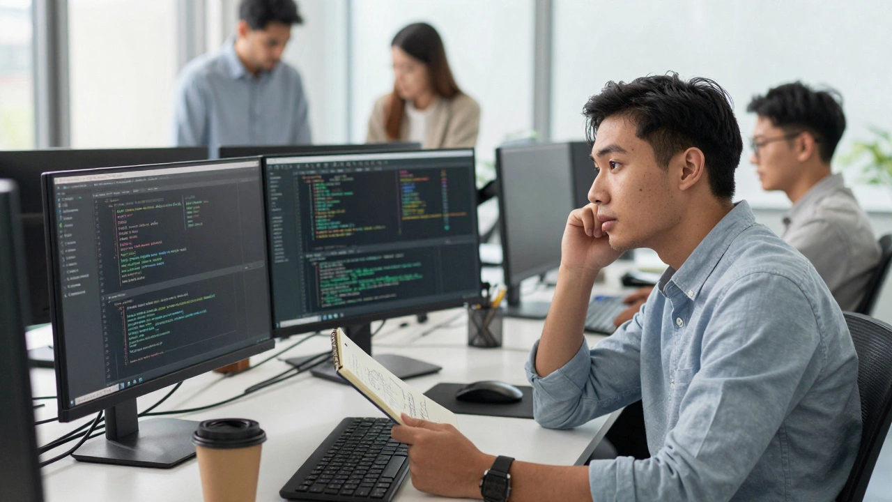 Professional working calmly in a modern office, embracing challenges and learning.