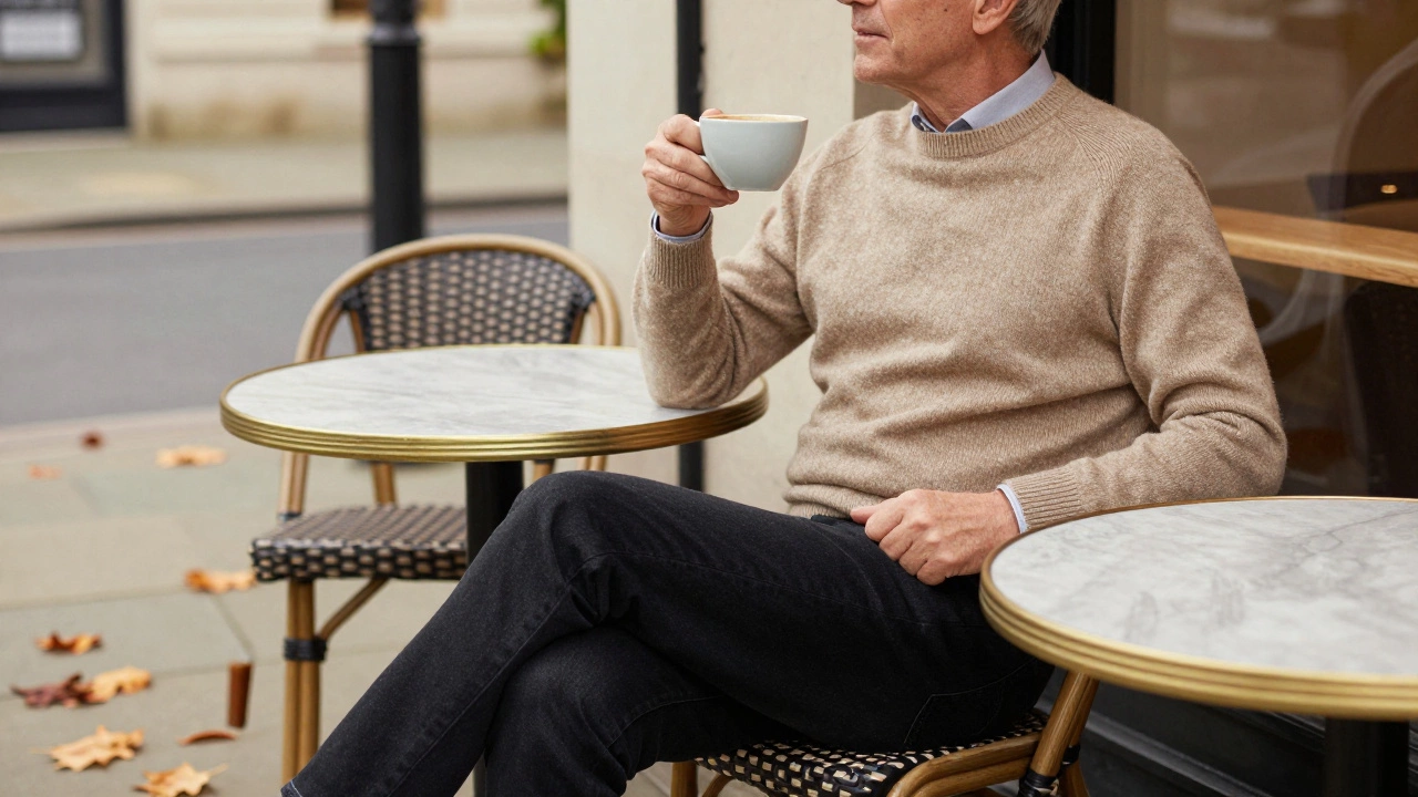 Senior man in black jeans and cashmere sweater relaxing at an outdoor cafe.