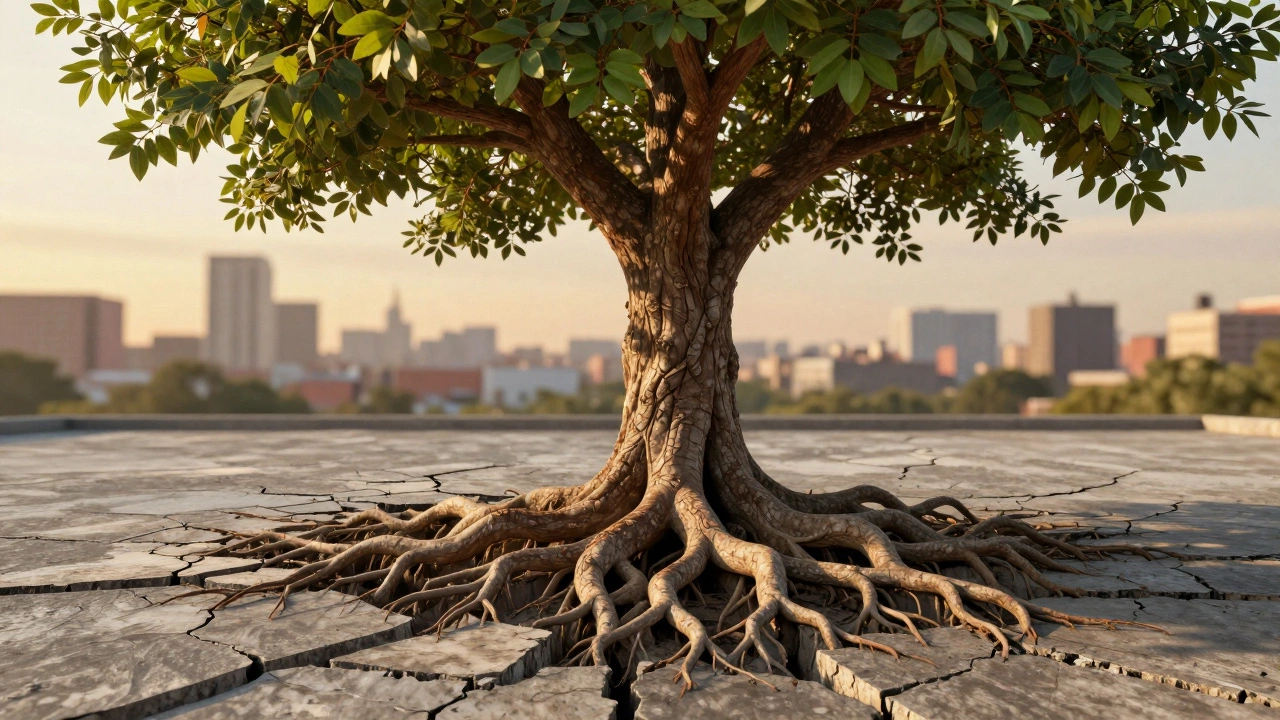 Strong tree growing from concrete, symbolizing resilience and steady progress