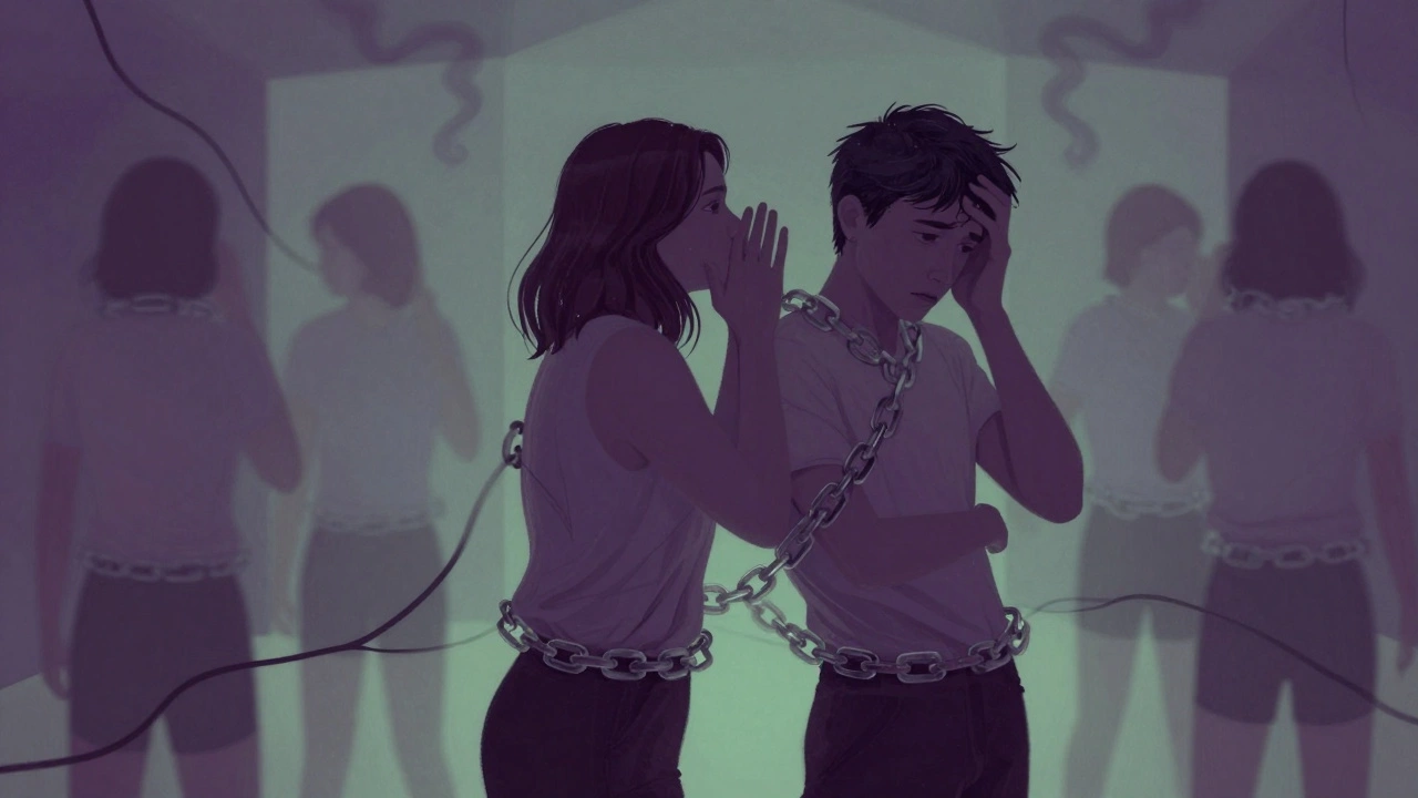 Surreal art showing two people bound by chains, representing emotional manipulation.