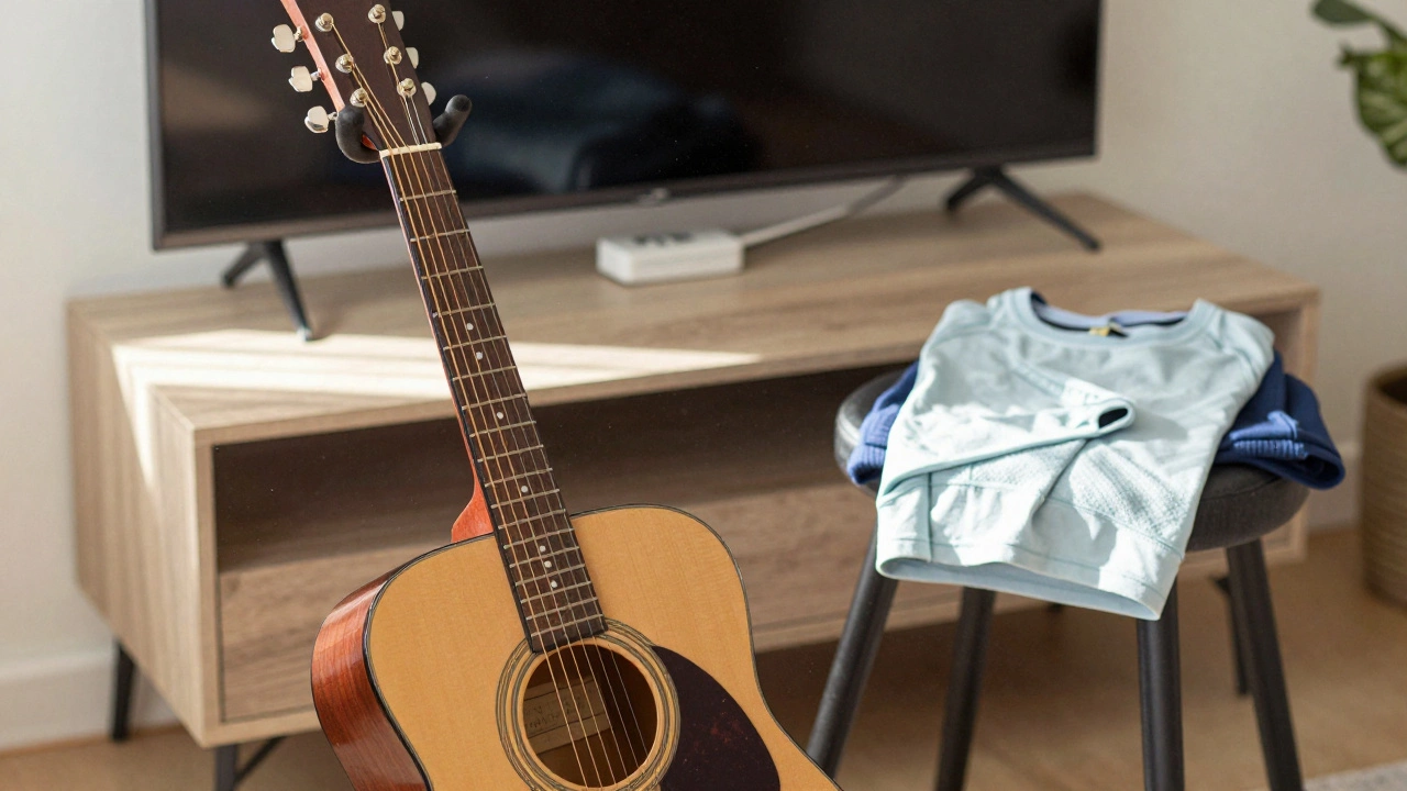 Tidy room with visible guitar and hidden TV showing habit environment design.