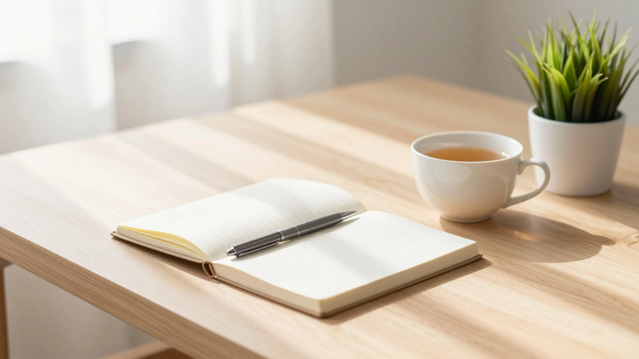 Clean, sunlit desk with journal and plant, symbolizing mental resilience and order