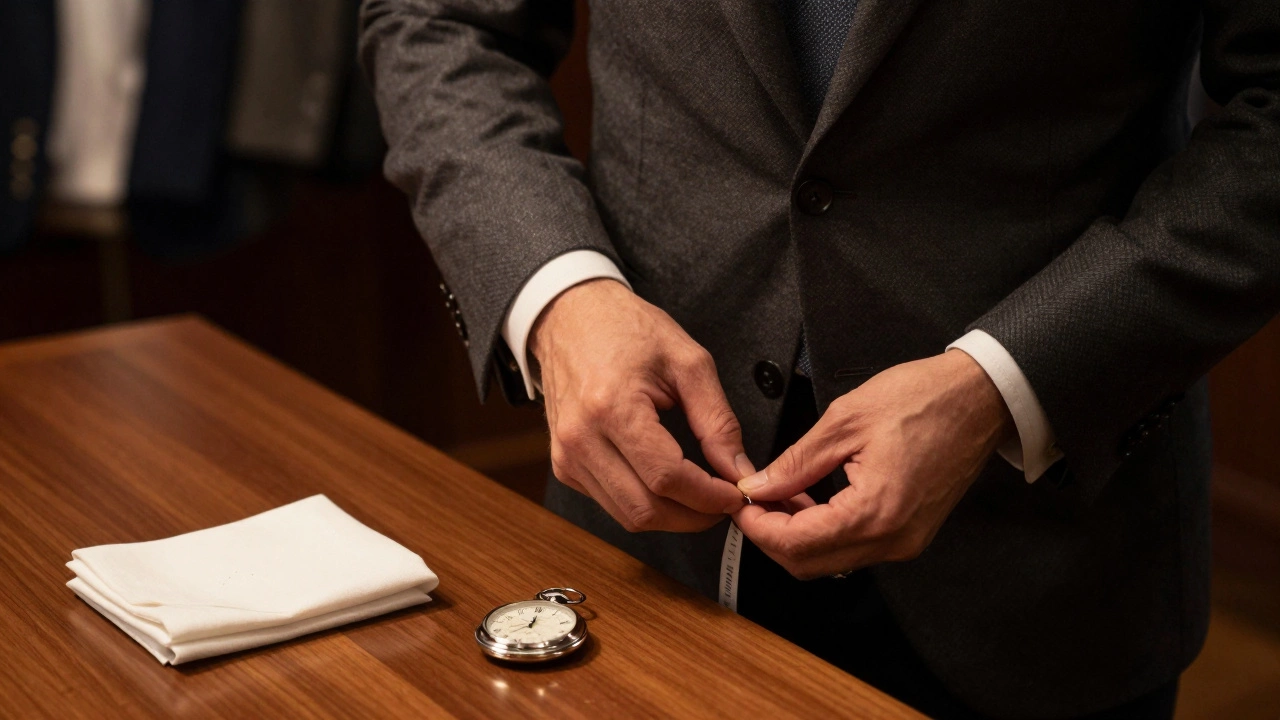 Close-up of tailored suit cuffs and grooming details on wood table