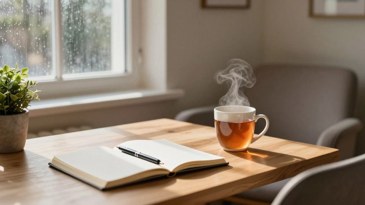 Cozy desk with journal and tea in a sunlit room