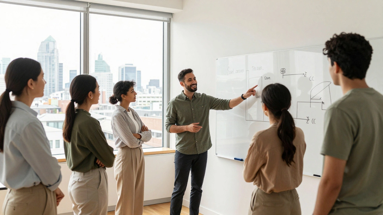Diverse team collaborating openly in a bright modern office