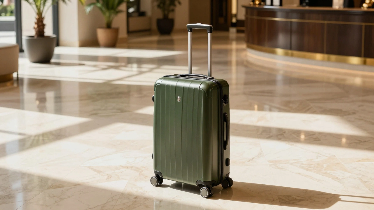 Elegant carry-on suitcase standing in a sunny luxury hotel lobby
